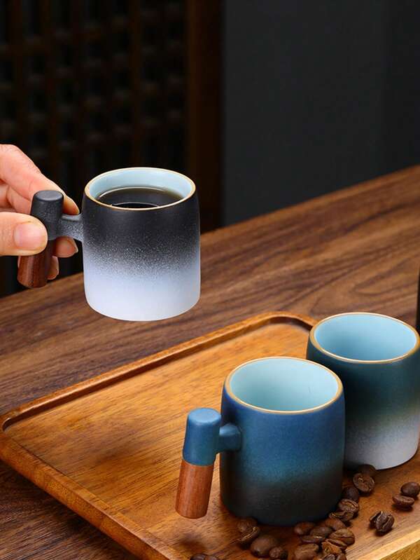 كوب قهوة لاتيه سيراميك ذو مقبض خشبي بتدرج اللون، كوب شاي ياباني ريفي بتباين في الحرق، كوب شاي للمكتب، كوب مشروبات للمنزل وتجمعات الأصدقاء، كوب ماء صغير للمطاعم والفنادق، هدية