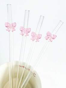 1/2/4/6/8pcs Cute Cartoon Pink Bow Glass Straws, Reusable Bent Glass Straws Suitable For Milkshakes, Milk, Tea, Juice, Cocktails And Cold Drinks, Girlfriend Gift, Dessert Shop, Sparkling Water, Snack Bar, Office, Bar, Restaurant - Pink - View 6