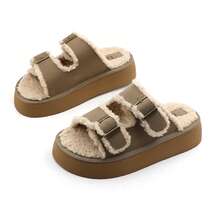 lunryet Women's Fluffy Faux Fur Slippers Comfy Open Toe Two Adjustable Band Slides With Fleece Lining And Rubber Sole Home Shoes PLUSH-1 - TAUPE - 查看 11