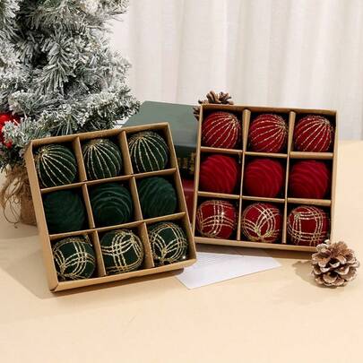 9个/盒，直径6厘米/2.36英寸，圣诞装饰球，小型植绒装饰挂球，适用于圣诞树、客厅、卧室、派对装饰，彩色装饰球，圣诞家居装饰，圣诞装饰，房间装饰，冬季圣诞装饰，家居圣诞礼物，圣诞装饰