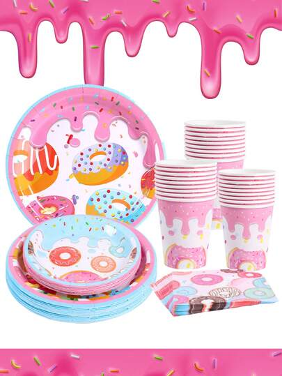 可爱的甜甜圈主题派对餐盘餐具套装，10 个 7 英寸和 9 英寸一次性纸盘，10 个甜甜圈纸杯，20 个甜甜圈餐巾，1 个 108 * 180 厘米甜甜圈桌布桌布，宝贝淋浴派对桌盘，适用于粉色甜甜圈生日主题派对装饰，适用于生日、婚礼、派对、家庭野餐、节日等