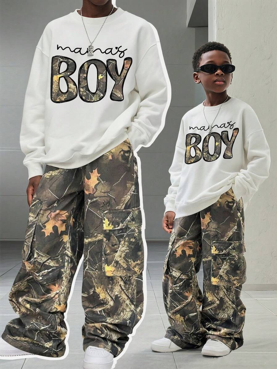 青少年男孩卡通印花保暖圆领运动衫和梭织长裤套装 - 白色 - 查看 1