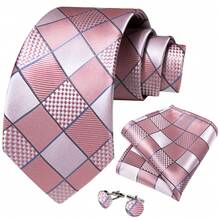 4pcs Mens Tie Pink Grid Necktie Pocket Square Cufflinks Ring Set Wedding Formal Casual Office - 粉色 - 查看 2