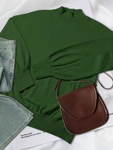 Women's 2025 Fall Fashion Casual Sweaters Mock Neck Long Lantern Sleeve Lightweight Knit Pullover Sweater Tops - xanh quân đội - Xem 4