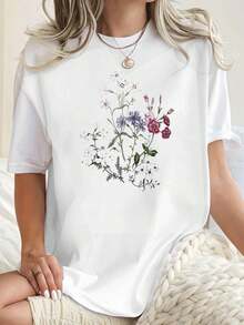 Camiseta casual con estampado floral ,Camiseta informal de algodón de verano para mujer, manga corta, cuello redondo, 220 g/m2 (1 pieza) - Blanco - Ver 1