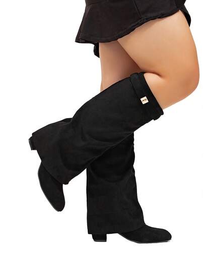 Women's Fashion Wide Width Faux Leather Tall Boots, Folding Shaft, Chunky Heel, Sexy Outdoor Knee-High Boots, Wide Leg Heels Wide Fit
