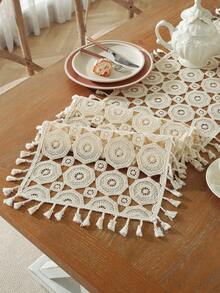 ABEST6522 Home&Living store 1pc Vintage Crochet Tassel Table Runner, Suitable For Dining Table, Coffee Table, Cabinet, Candle Mat, Vase Mat, Anti-Fouling Place Mat, Home Decor, Holiday Decoration, Camping Decor, Party, Wedding, Multi-Size Available - Beige - View 17