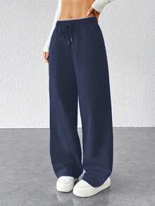 Pantalones ligeros de verano para mujer, con un diseño de corte holgado en color liso y cintura ajustable. Adecuados tanto para actividades deportivas como para el uso diario. (Nota: el primer producto utiliza un tejido más ligero y fino, tiene un precio más bajo y es de calidad estándar. Si esto le preocupa, le recomendamos que no lo compre). - Azul Marino - Ver 3