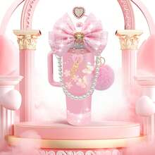 QY Bling Cup Accessories For 40/30/20 Oz Tumbler With Handle Including Glitter Bow Straw Topper, Heart Straw Cover, Pearl Water Bottle Handle Strap, Boot, Pom-Pom, Keychain Charms(Pink) 2216 - 粉紅色風格2 - 查看 7