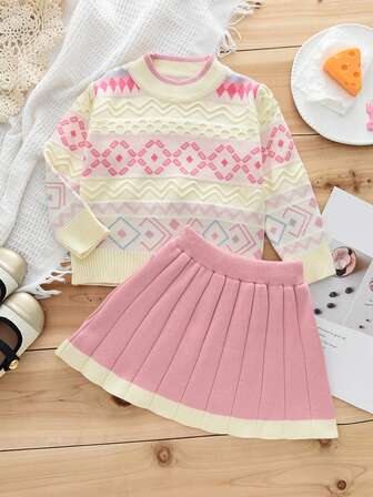 Conjunto de suéter de punto ondulado con estampado argyle colegial minimalista + falda para niña, otoño/invierno