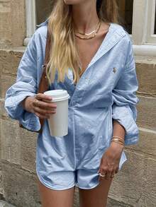 Look Polly Women's Jumpsuit Long Sleeve Shirt,Solid Color Tops And Shorts,Summer Women Dresses Back To School Clothes Embroidery Pattern,Traceable Cotton Fall Women Clothes