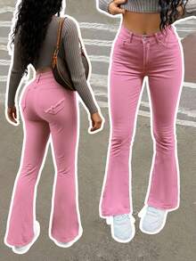 Women's Vacation Style Casual Ins Washed Frayed Skinny Flare Jeans - Pink - View 1