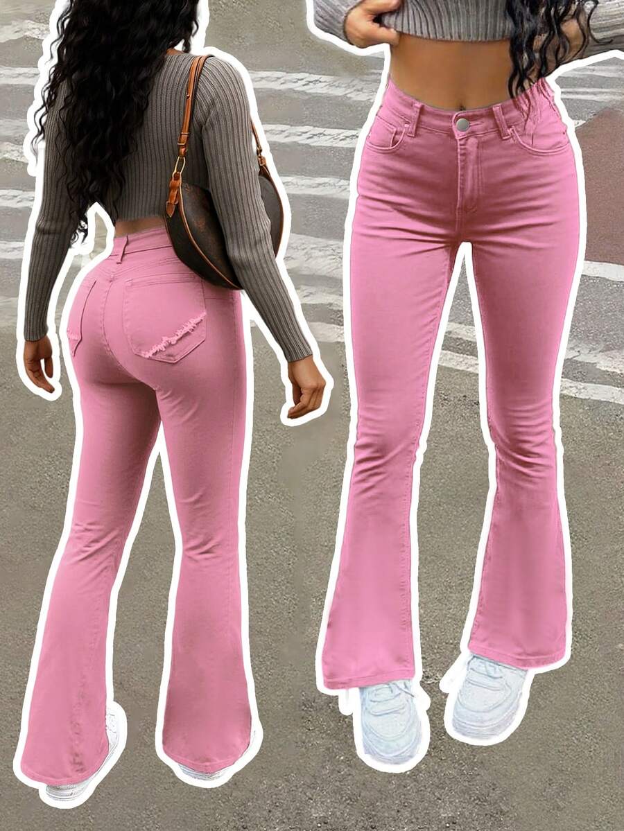 Women's Vacation Style Casual Ins Washed Frayed Skinny Flare Jeans - Pink - View 1