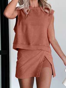 Womens Early Fall Two-Piece Casual Mineral Washed Cotton Tank Top And Slit Mini Skirt Set - 鏽棕色 - 查看 4