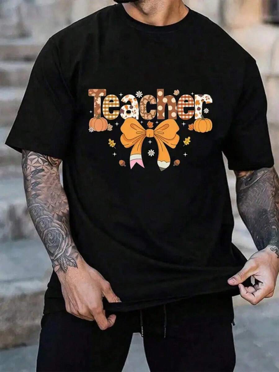 Men'S Vintage-Inspired Autumn Teacher T-Shirt - Thanksgiving Pumpkin & Bow Design, Black Casual Fit, Machine Washable Polyester Blend, Perfect For Everyday & Special Occasions, Everyday Tshirt | Playful Design | Comfortable Fit,Nightmare Before Christmas,Christmas,Halloween Costumes,Funny T Shirts,Summer Outfits,Thanksgiving Day,Men Graphic Tees,Streetwear Men - Black - View 1