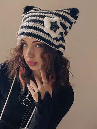 1 件朋克哥特 Y2K 可爱黑白条纹猫耳毛线帽女秋冬保暖小恶魔针织钩针毛线帽