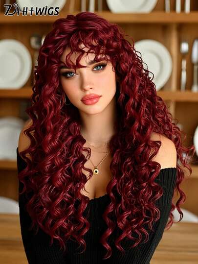 7JHH WIGS Peluca afro roja intensa de 24 pulgadas para mujeres - Peluca larga de onda profunda burdeos con flequillo, fibra sintética resistente al calor para uso diario, festivales de música, celebraciones, fiestas y disfraces - Accesorios de peluca - Regalo de graduación