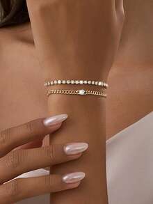 Nooxian 2pcs/Set Bracelet Stacks, Shiny Diamond Element Fashion Gold Color Micro-Inlaid Cubic Zirconia Chain Bracelets For Women, Party Style - Golden - View 4