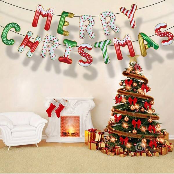 14pcs Merry Christmas Letter Balloon Set, Redgreen-Colored Merry Christmas Balloon Banner,Aluminum Foil Balloons For Holiday Party Decor, Festive Indoor & Outdoor Decoration Kit, No Electricity Needed, Carnival Theme For New Year & Winter Celebrations