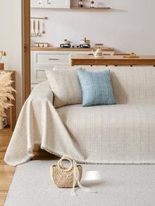 1 Stück Chenille-Sofadecke mit Quasten, einfarbig, gewebtes, kratzfestes Design, geeignet für Wohnzimmer, Schlafzimmer, Büro, neue Heimdekoration, alte Sofadekoration, 1-4-Sitzer-Sofabezug - Beige - Übersicht 8