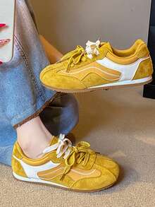 Damen Größe 35-40 einfarbige lässige, süße, preppy Schnürsneaker mit Patchwork, bequeme flache Lässig Schuhe für Gym, Campus, Urlaub, ganzjährig