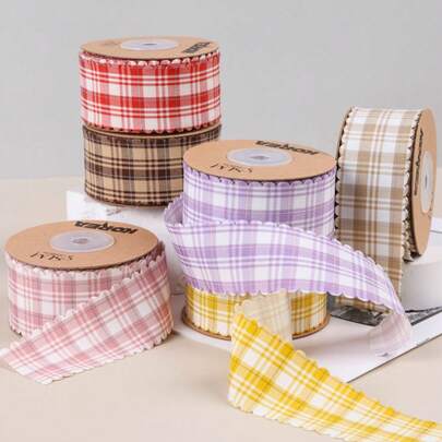 Lace Plaid Ribbon, Baking Gift Box Flower Packaging Bow DIY Hair Accessories Serrated Polyester Plaid Patterned Webbing