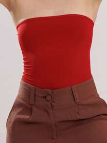 Women's Basic Tube Top, Strapless, Long, Double Polyamide Tube Top, Without Pads - Maroon - View 2