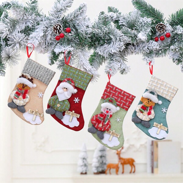 4pcs Medium Christmas Stockings, Christmas Candy Gift Bags Decorations, With Wooden Tag Christmas Stocking Hanging Decor Home Decor Christmas Decorations Room Decor Winter