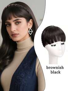 1pc Braided Headband, Synthetic Hair Bangs Headpiece Suitable For Women, Suitable For All Seasons, Casual Daily Wear, Hairstyle Design, Bangs Wig - Black Brown - View 13