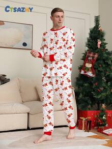 男士姜饼人与星星拐杖糖印花圆领长袖上衣和抽绳裤睡衣套装，2件套，圣诞装饰元素，秋冬服装