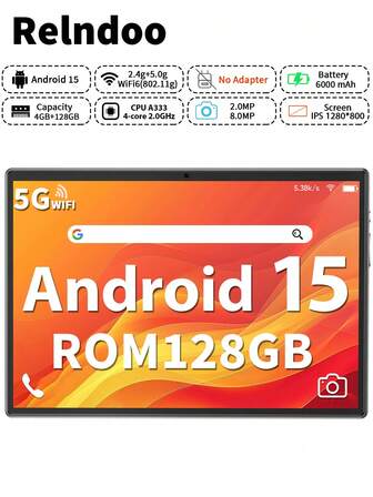 Relndoo Android 15 Tablet 10.1 Inch Tablet PC, (4GB+20GB) RAM+128GB ROM, A333 Quad-Core 2.0 GHz, 802.11n Wifi 2.4G/5G Wireless, 2MP+8MP Dual Camera, 1280*800px HD Touchscreen, 6000mAh Battery, Supports 1TB SD Expansion (No Adapter)