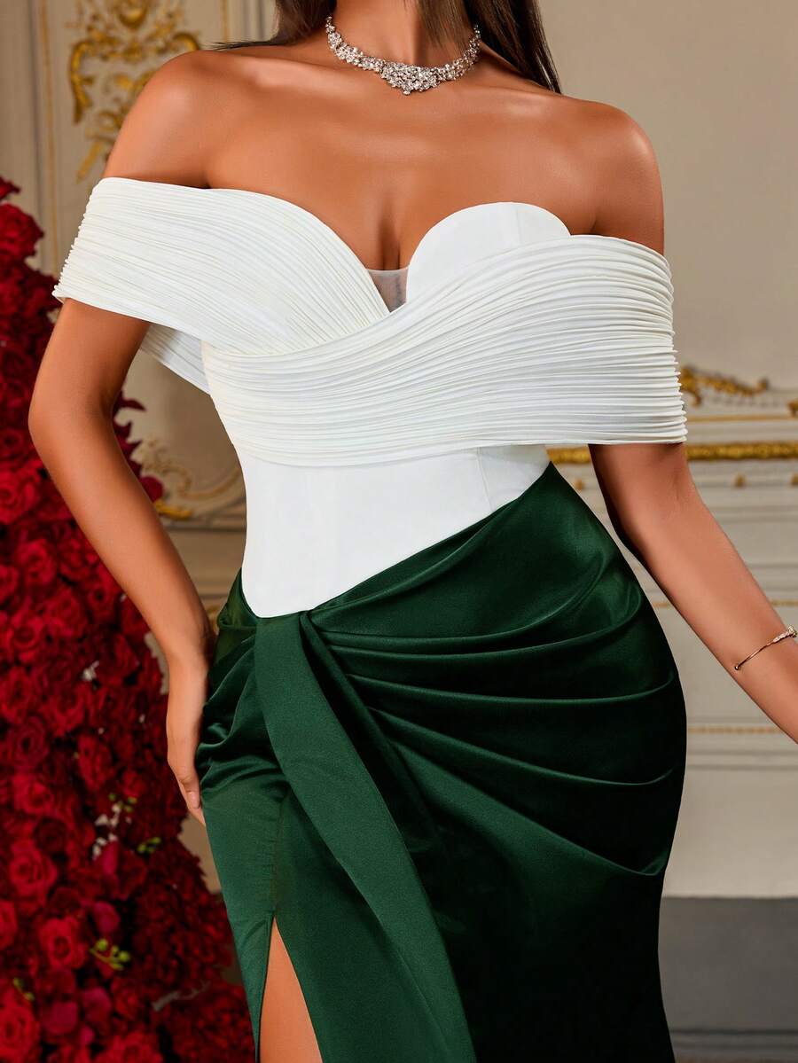 A Black And White Color-Block Off-Shoulder Ruched Satin High-Slit Mermaid Train Luxury Evening Gown - Dark Green - View 1