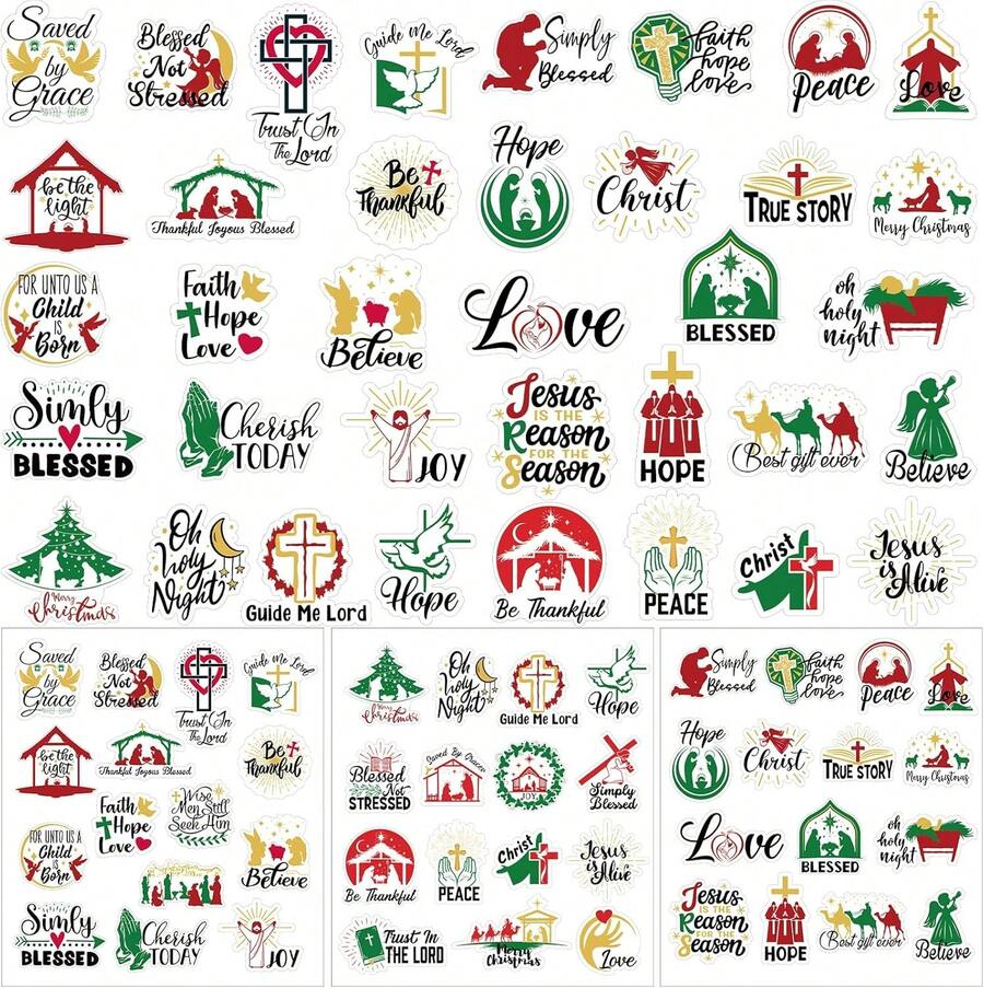 Woanger 45 Pieces Christmas Nativity Word Stickers For Crafts Xmas Nativity Scene Vinyl Stickers Motivational Quote Waterproof Decals For Ornament Xmas Ball Cup Glass Bottle Decoration(Jesus Style) - 1 - View 1