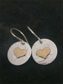 1 Pair Retro Bohemian Style Geometric Hammer Textured Yellow Heart Clip-On Earrings, Suitable As Jewelry Gifts For Women To Wear Daily, Party, Travel - Antique Silver - View 10