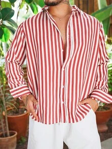 男士休闲度假风格红色条纹提花前扣长袖衬衫，适合春秋季、街头服饰、度假、节日场合 - 彩色 - 查看 3