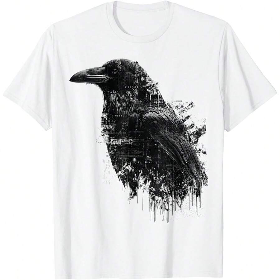 Raven Pixel Art Abstract Animal Drawing Graphic Raven T-Shirt - trắng - Xem 1