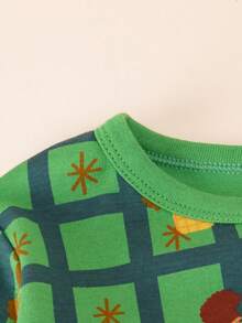 2pcs/Set Young Boys Chequer And Bear Print Pjs, Round Neck Long Sleeve Top And Pants Sleepwear Set, Cartoon Allover Print Loungewear For Winter & Autumn