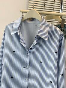 Women's Bow Tie Striped Print Long Sleeve Shirt, Button Front, Shirt Collar, Casual Top, Suitable For Spring, Autumn And Winter - Blue - View 4