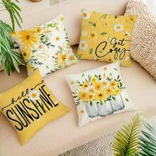 4 capas de almofadas decorativas estilo Farmhouse Daisy - 45 x 45 cm, design floral amarelo em pote de vidro, padrão trançado para varanda, pátio e decoração interna/externa, estampa de um lado, lavável à máquina com zíper (sem enchimento)