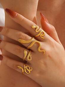 4 件不锈钢 18K 镀金蛇形戒指套装，适合女性日常佩戴 - 彩色 - 查看 1