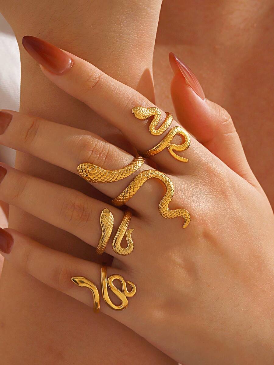 4 件不锈钢 18K 镀金蛇形戒指套装，适合女性日常佩戴 - 彩色 - 查看 1