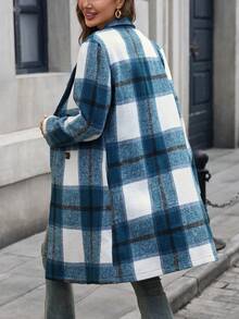 女士秋冬长袖双排扣休闲格子大衣，秋冬 - 藍色 - 查看 3
