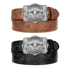 2 Pack Western Cowboy Belts For Men Women Cowgirl Country Floral Engraved Pu Leather Belt With Longhorn Bull Buckle - 06-đen+nâu(khóa bạc) - Xem 1