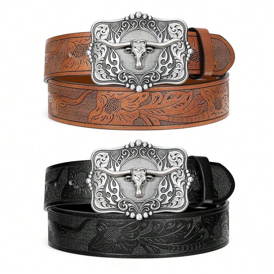 2 Pack Western Cowboy Belts For Men Women Cowgirl Country Floral Engraved Pu Leather Belt With Longhorn Bull Buckle - 06-đen+nâu(khóa bạc) - Xem 1