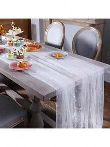 1pc Decorative Wedding Arch Tablecloth, Bridal Shower Decor, Romantic Pearl Lace Tablecloth, Embroidered Sheer Wrinkle-Resistant White Dessert Table Cloth For Events, Chiffon Lace