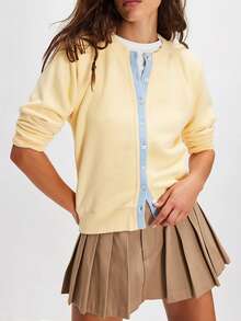 Awevudst Women Cropped Cardigan Sweaters Lightweight Button Down Long Sleeve Crew Neck Color Block Patchwork Knit Y2k Coat Outfits Fall Clothes Sweatshirts Jumper Tops - 黃色 - 查看 1