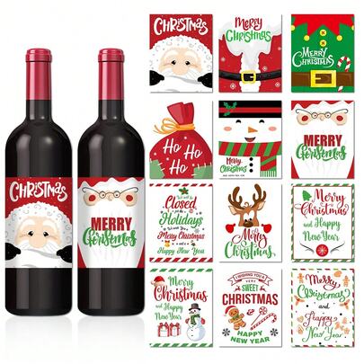 12PCS Hohoho Christmas Wine Bottle Stickers, Christmas Santa Claus Wine Label Decorations Wine Bottle Covers Christmas Party Supplies