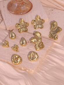 1/5 Paia di orecchini a perno alla moda in oro con fiore a 5 petali, foglia, goccia, cerchio, cuore, set adatto per uso quotidiano delle donne, ottimo regalo per amici e famiglia (materiale in plastica ABS leggera)