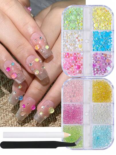 2 scatole di gioielli per unghie con perle a forma di sirena, 6 griglie di perle di cristallo colorate miste, gemme per unghie, decorazioni per unghie in acrilico, strass piatti per unghie, perle a bolle 3D per unghie, accessori per unghie (con pinzette incluse)