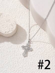 Gothic Style Cross & Star Studded Stainless Steel Necklace, Unisex - Silver - View 8